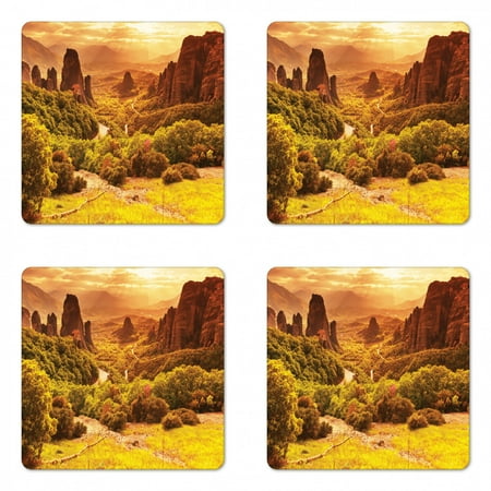

Greece Coaster Set of 4 Meteora Monasteries in Greece Architecture Tourist Attractions Square Hardboard Gloss Coasters Standard Size Earth Yellow and Mustard by Ambesonne