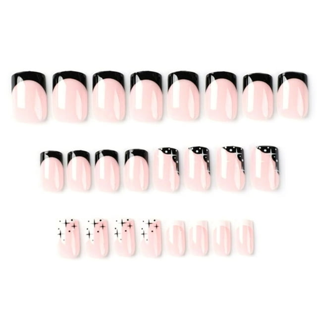 NOVO OVO Uñas postizas cortas cuadradas con degradado rosa, nude, negro y blanco, con punta francesa, gruesas y con lunares brillantes, estrellas del zodiaco, kit elegante de acrílico