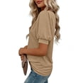 thumbnail image 6 of Ayolanni Short Sleeve Summer Women Blouses Solid V-Neck Patchwork Collarless Blouse Dressy Puff Oversized Outdoor Tees Summer Tops Brown L, 6 of 7