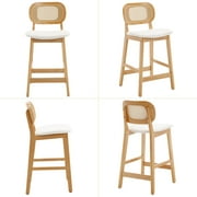 Guyou Rattan Counter Height Bar Stools Set of 2, Mid-Century Modern Wooden Farmhouse Bar Stools, Linen Upholstered Kitchen Island Barstools for Breakfast Bar Bistro, Beige