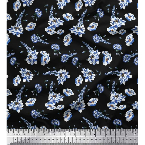 Soimoi Blue Poly Georgette Fabric Leaves & Floral Printed Fabric 1 Yard 52 Inch Wide