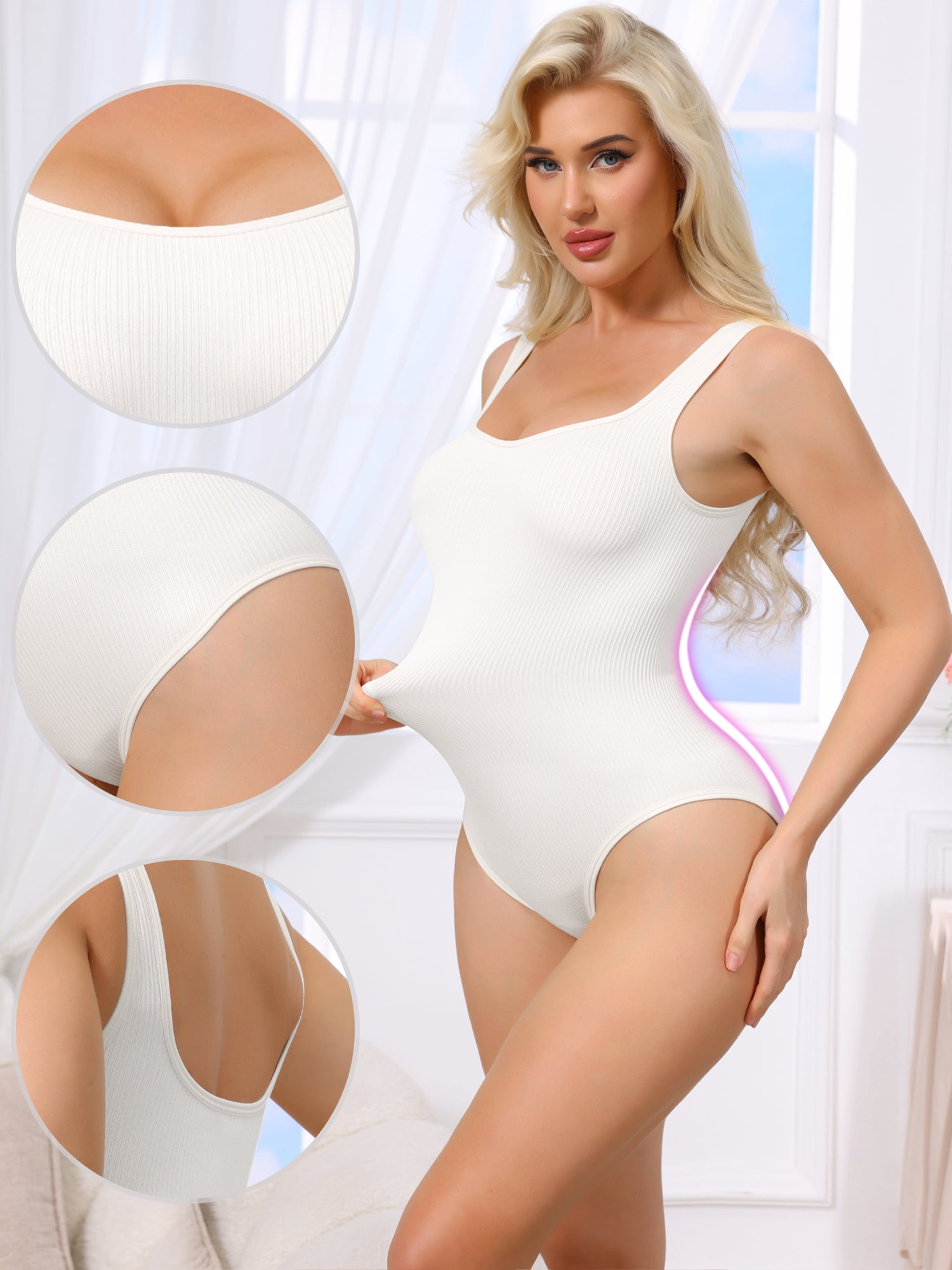 DARING DIVA Women's Ribbed Square Neck Thong Sleeveless Bodyshaper XL White