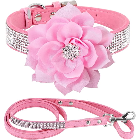 Cute Dazzling Sparkling Elegant Fancy Soft Suede Leather Bling Rhinestone Crystal Jeweled Pet Cat Dog Puppy Collar Dog Leash Combo Set