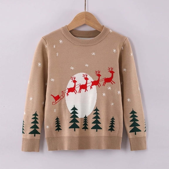 Rhuody Sweater For Boy Christmas Long Sleeve Cartoon Graphic Top Round Neck Sweaters Trend Winter Clothing 2-3 Years Beige