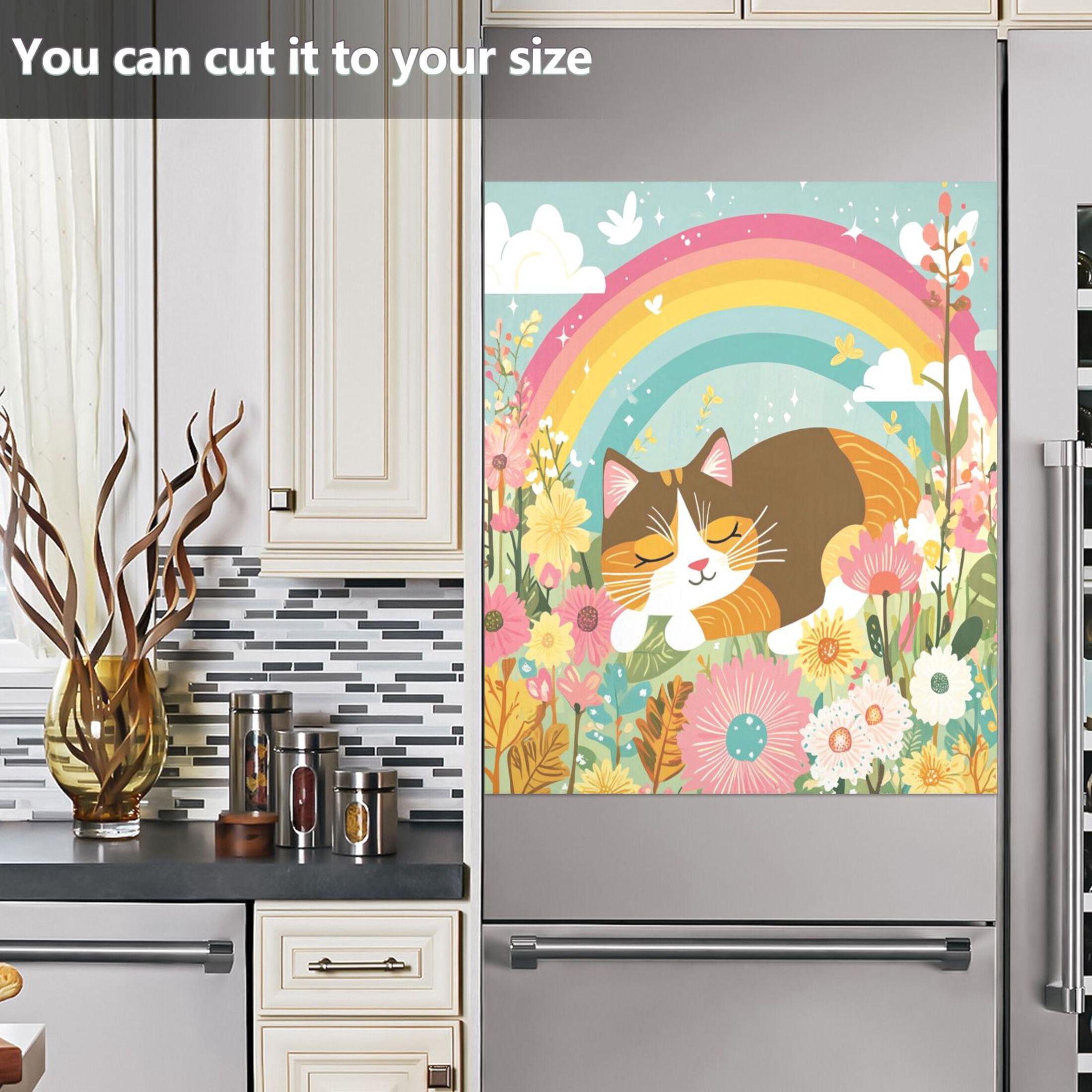 Dishwasher Magnetic Sticker 23x26 Inch Refrigerator Magnetic Sticker Washing Machine Magnetic Sticker Kitchen Panel Magnetic Sticker Home Decor Sleeping Rainbow Cat