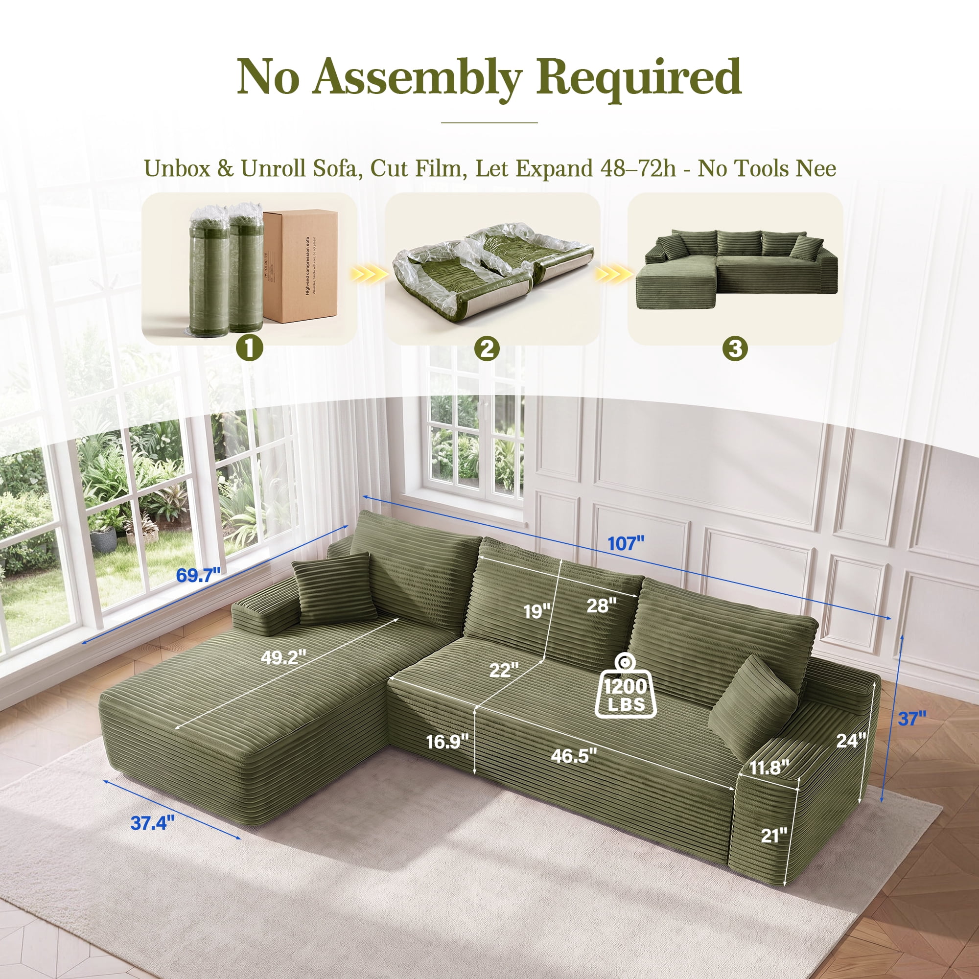 Aukfa 107" Boneless Modular Sectional Sofa, L-Shaped Corduroy Couch with Deep Seat and Left-Facing Chaise for Living Room, Green
