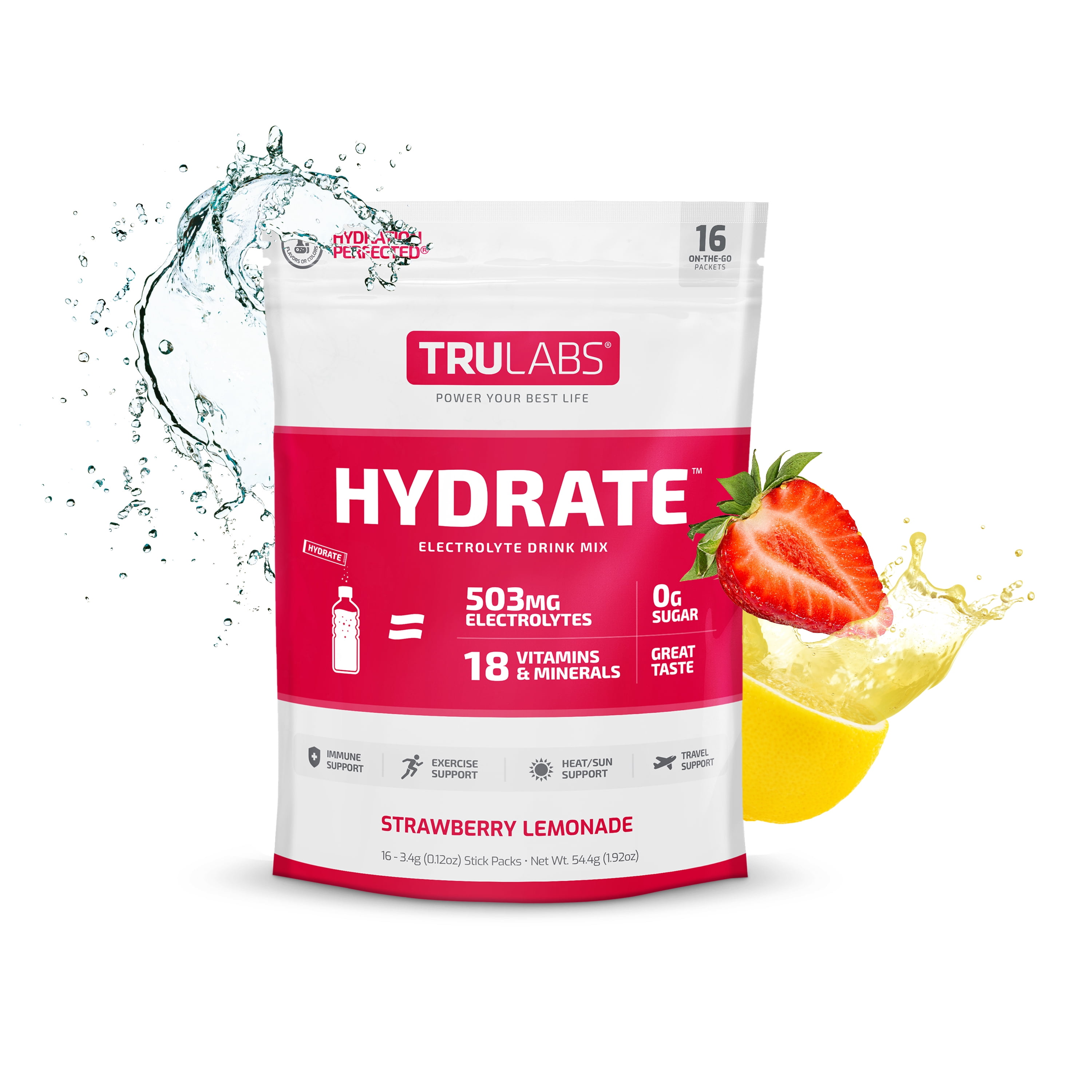 TruLabs Hydrate Strawberry Lemonade, Hydration Electrolyte Powdered Drink Mix, 16 Sticks
