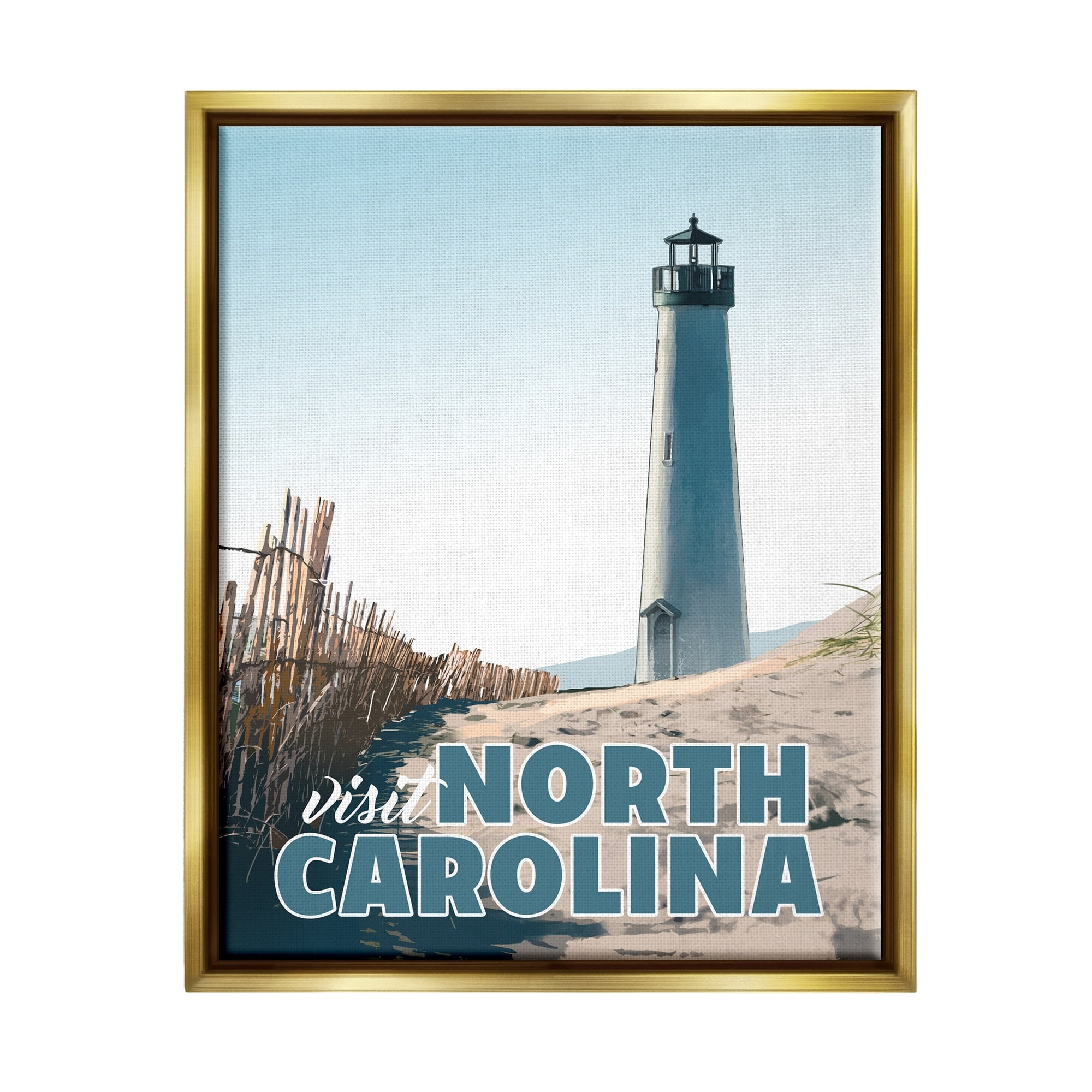 Stupell Industries Visit North Carolina Beach Lighthouse Seaside Sand Graphic Art Metallic Gold Floating Framed Canvas Print Wall Art, Design by David Owens Illustration