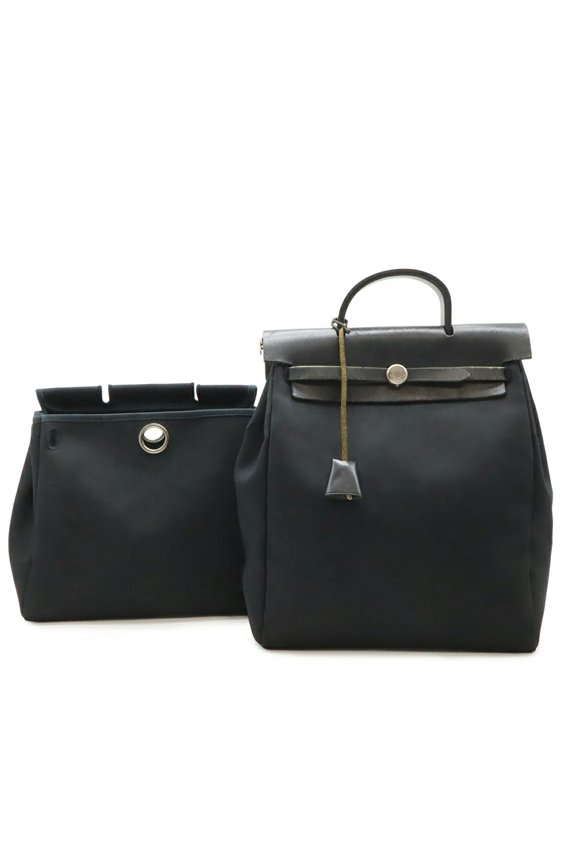 Pre-Owned HERMES Herbag Ad PM Backpack Handbag Toile Officier Leather Black C Stamp