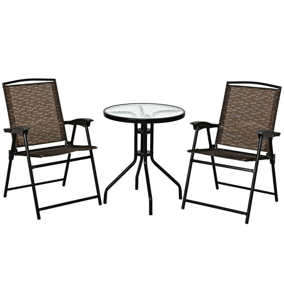 Set Bistró 3 Piezas Costway mesa Redonda con 2 sillas plegables jardín Patio piscina Marrón y Negro 55 x 64,5 x 89 cm