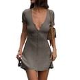 thumbnail image 2 of Women Deep V Neck Button Front Knit Mini Dress Elegant Short Sleeve Ribbed Flowy Hem A-Line Short Dress Gray S, 2 of 9