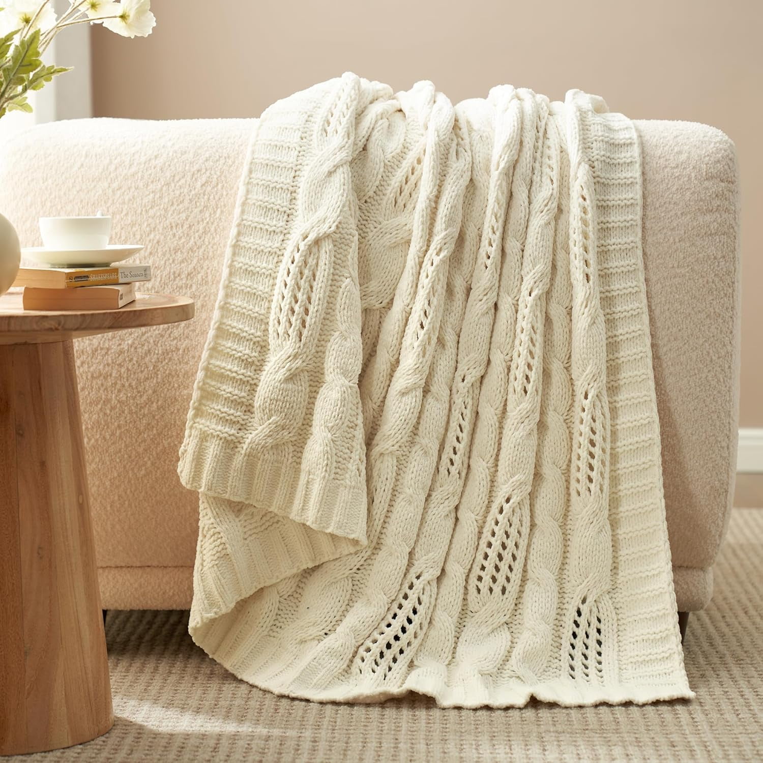 PinesC Chunky Knit Chenille Throw Blanket, Breathable Cable