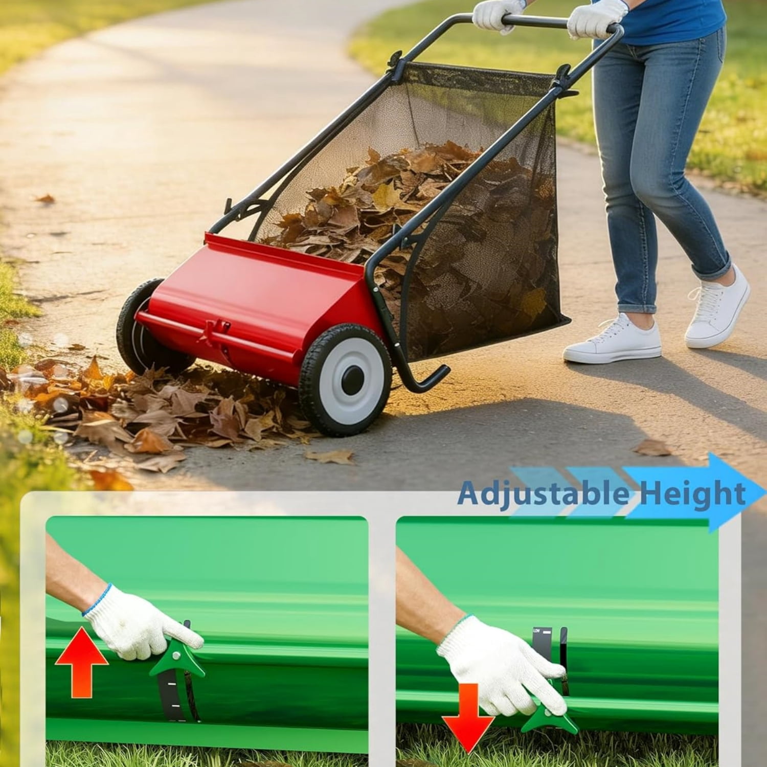 Riedhoff 26" Push Lawn Sweeper,4 Spinning Brushes, 7 Cu. Ft Capacity Collection Bag, Adjustable Height, Red
