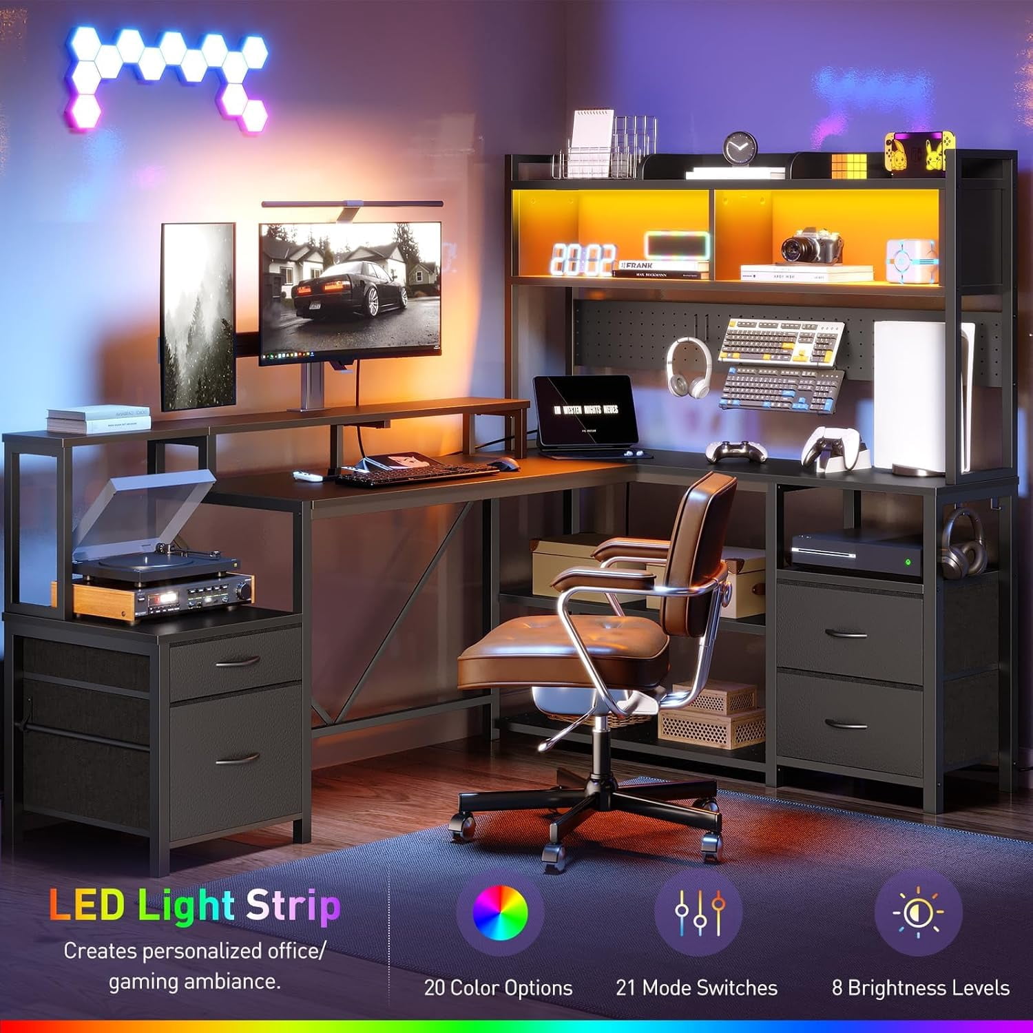 75inch L Shaped Computer Desk with Drawers, Large Gaming Desk with LED Light & Power Outlets, Corner Computer Desk with Storage Shelves & Monitor Stand for Home Office, Black