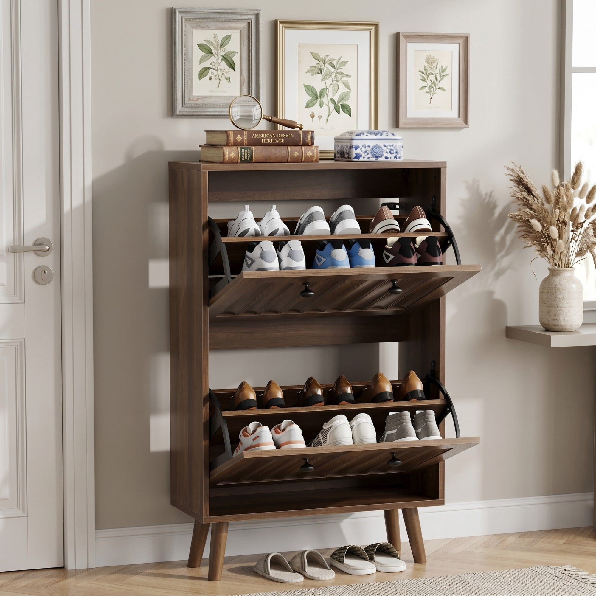 Sailvan Mid-Century Modern Shoe Cabinet, 23.6-Inch Vertical Grooved Upright Storage