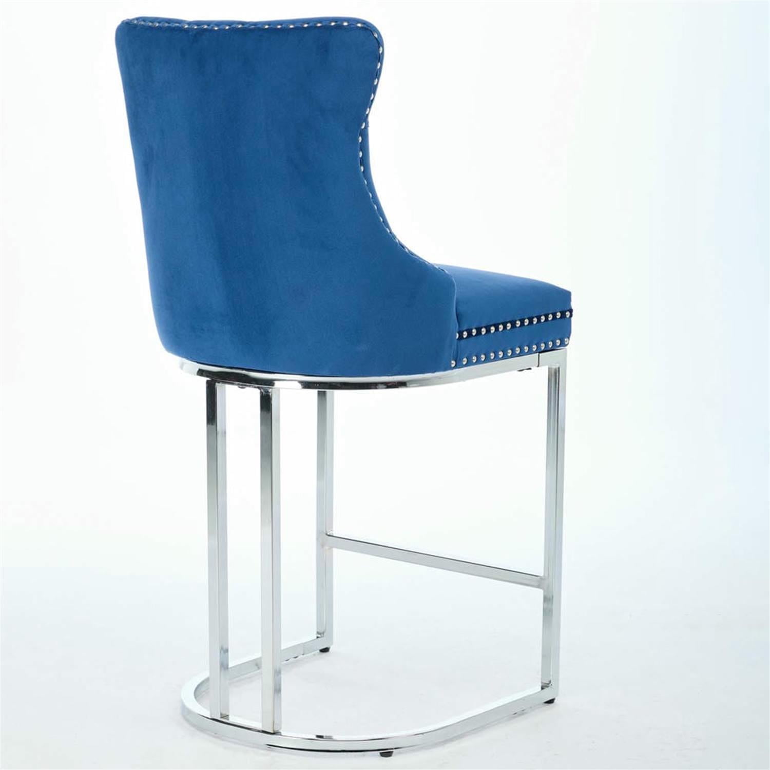 Demi Bonn 38" Counter Height Bar Stools Set of 2, Velvet Barstools with Button Back, Kitchen Island Countertop Chairs for Dining Room, Blue