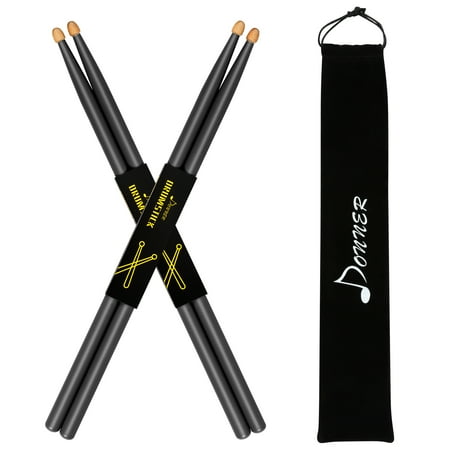 Donner Black Drum Sticks 5A Classic Maple Wood Drumstick 2 Pair with Carrying