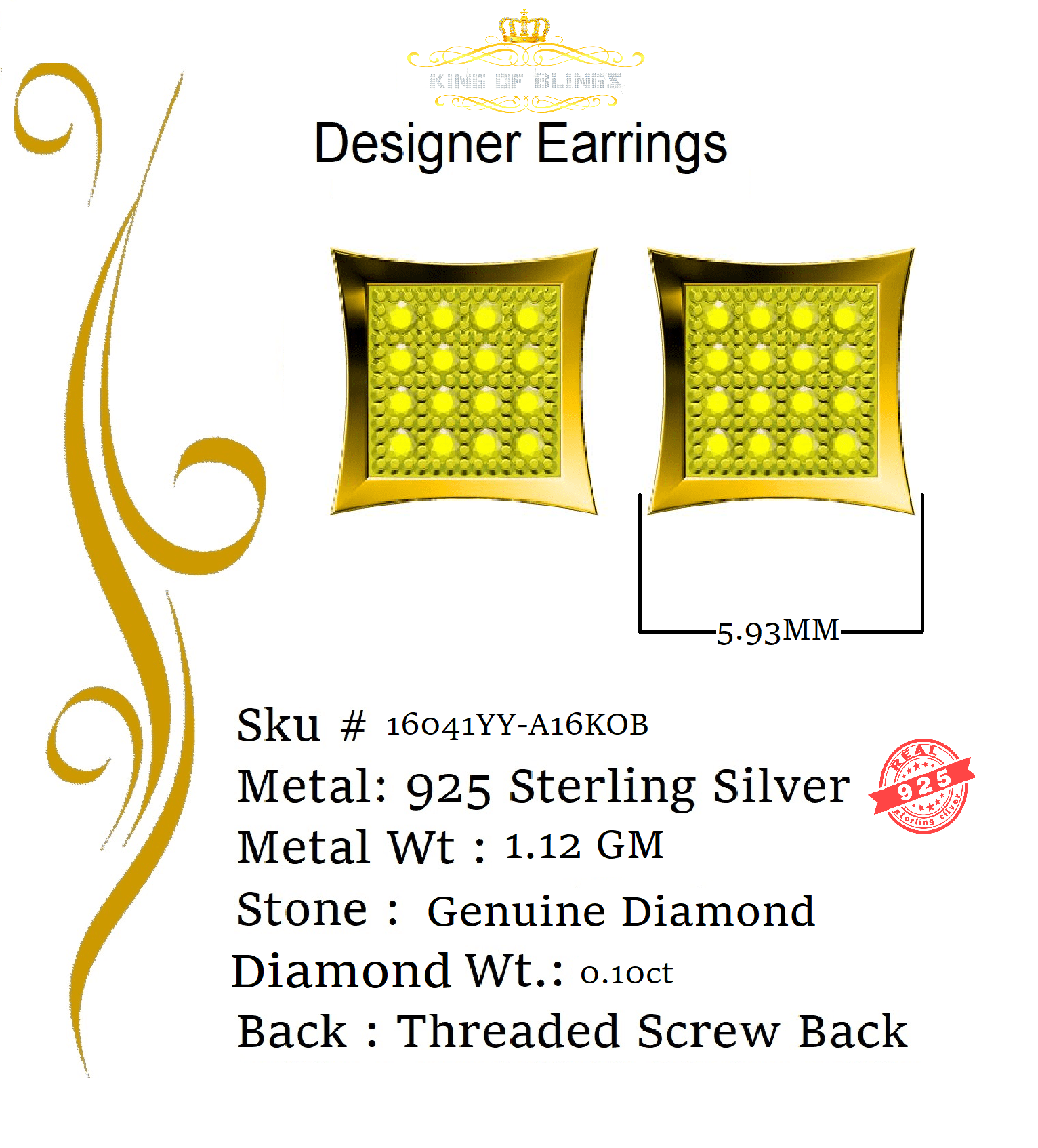 King of Bling's 0.10ct Diamond 925 Sterling Silver Yellow Stud Women's/ Men's kite Charm Earring