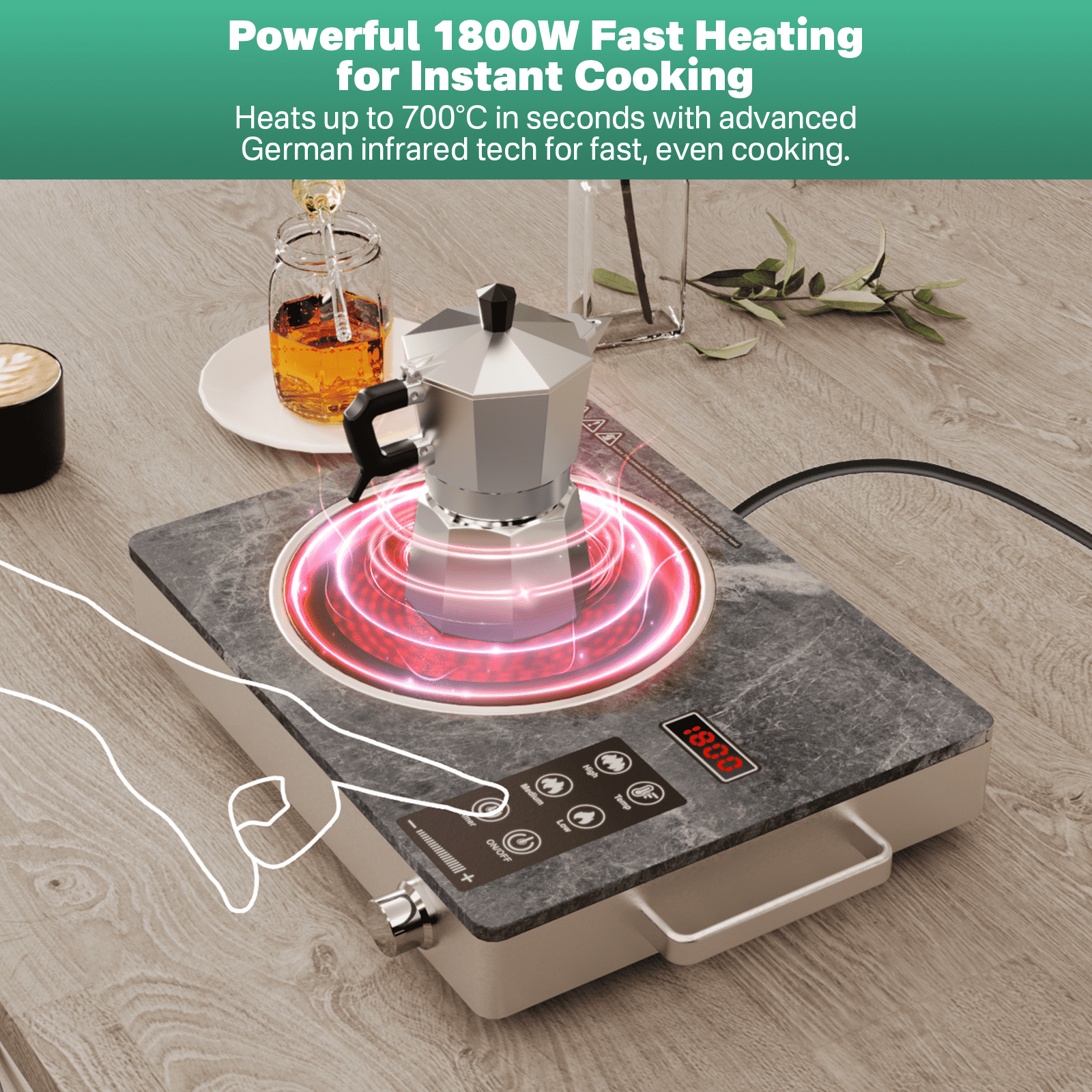 Nardea 1800W Single Burner Electric Cooktop, Portable Infrared Ceramic Hot Plate with Marble Glass, Touch & Knob Control,Electric Stove For Cooking