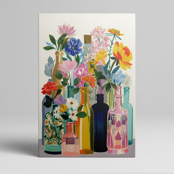 1pc Colorful Flower - Filled Glass Bottles Canvas Art, framed Decor room hanging Wall Picture Decor for Home Gifts, living room, bathroom, bedroom, kitchen wall art decor canvas wall art