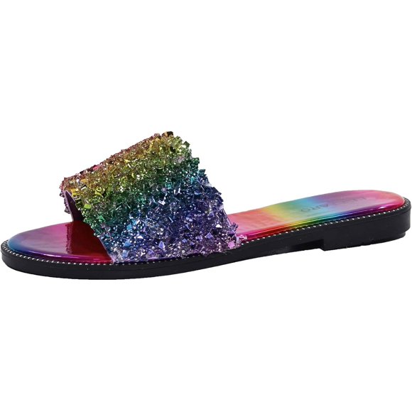 SHIQI-Women's Glitter Shiny Slide Sandals Sparkle Fancy Flat Slippers Slip-on Jeweled Shoes