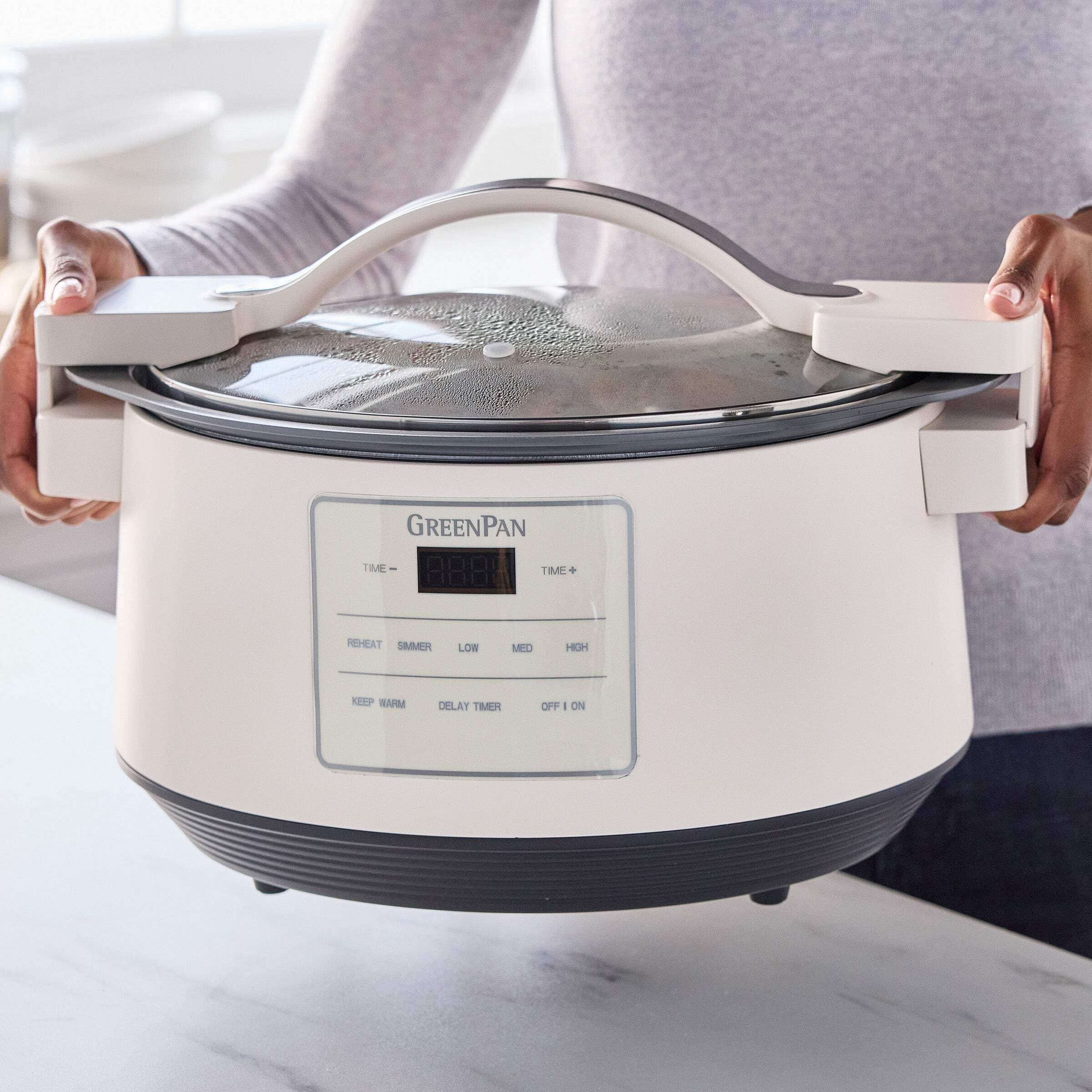GreenPan 8 Quart Family Size Locking Lid Slow Cooker, Cream