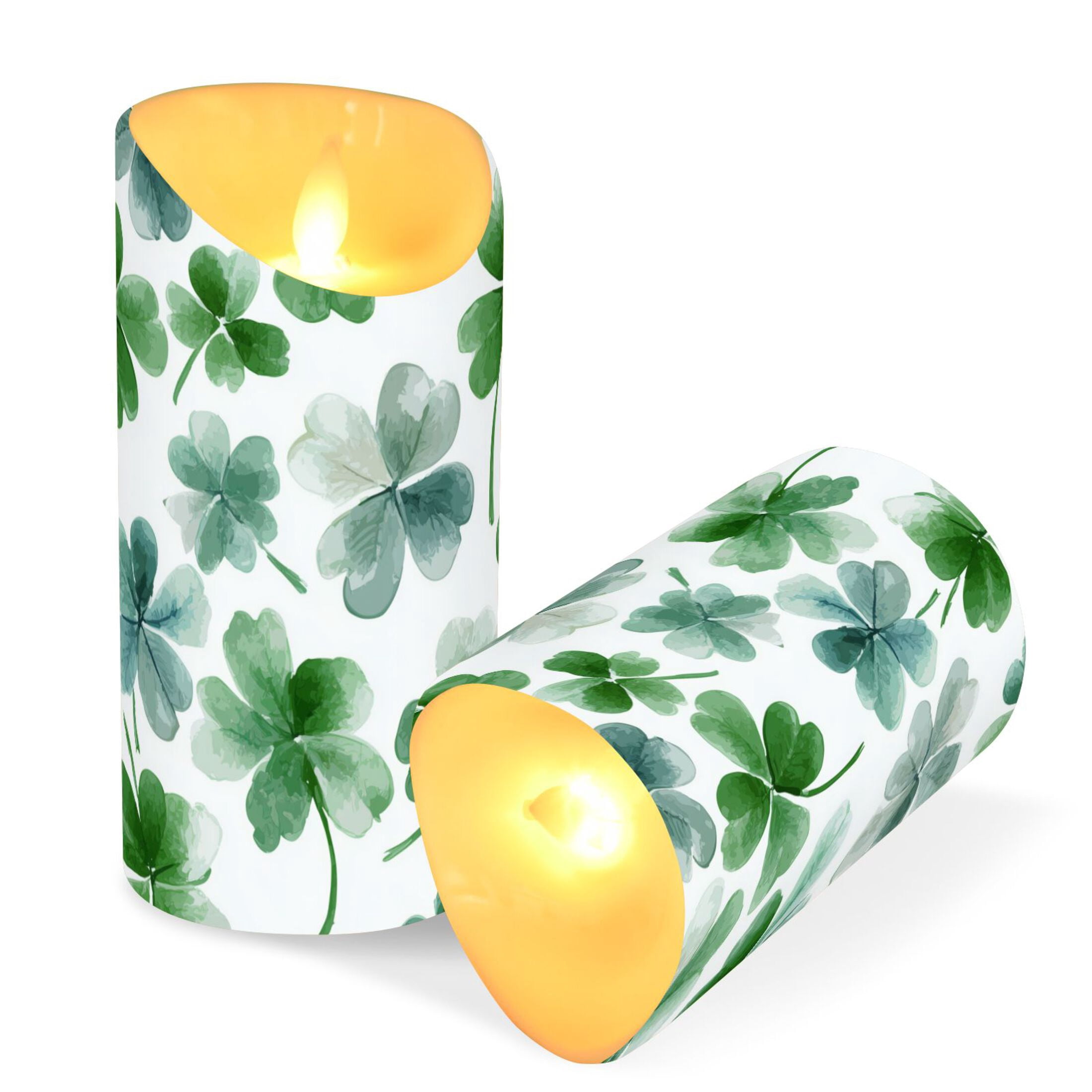 Watercolor Clover St Patricks Day Flickering Flameless Candles with Remote Timer Battery Operated LED Tealight Set of 2 M