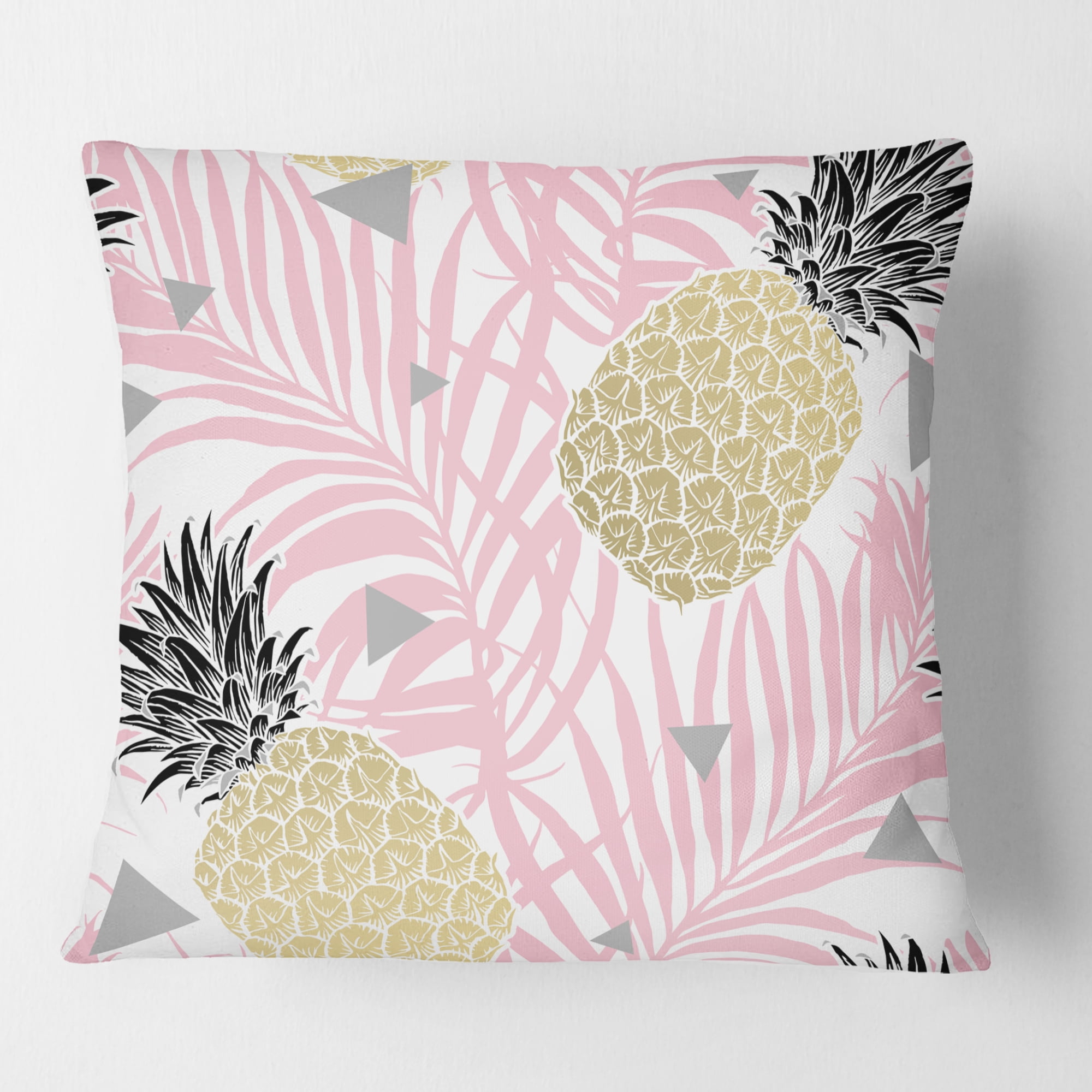 Designart Golden Pineapple Pink Leaves' Mid-Century Modern Throw Pillow - 16x16