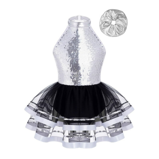 iiniim Robe Tutu de Ballet Scintillante pour Filles Enfants Tenue de Danse Moderne Jazz Latin Costume de Performance sur Scène avec Ensemble de Chouchous pour Cheveux Argent 8