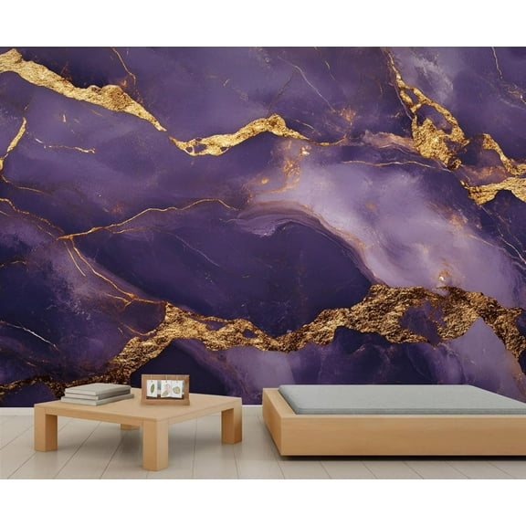 Modern Purple Marble Texture Wall Mural, Abstract Gold Foil Art Photo Large Removable Wallpaper Mural Wall Decor For Bedroom Office Living Room 55"W x 28"H (Not Peel and Stick)