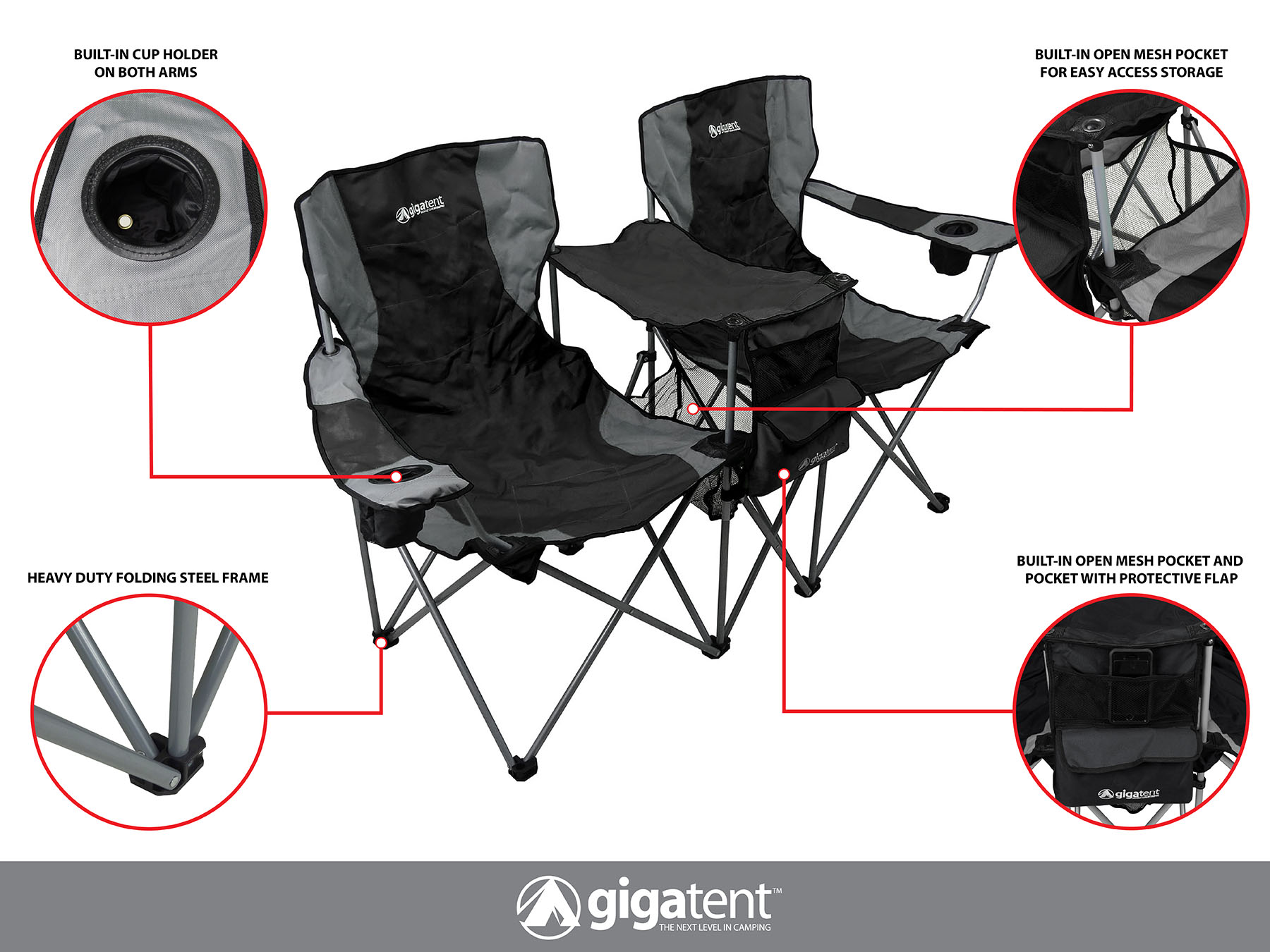 GigaTent Double Outdoor Chairs – 2 Side by Side Folding Quad Camping Seats, Black - image 2 of 5