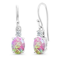 Gem Stone King 10K White Gold Pink Opal and White Topaz Dangle Earrings for Women (2.26 Cttw, Gemstone Birthstone, Oval 8x6mm)