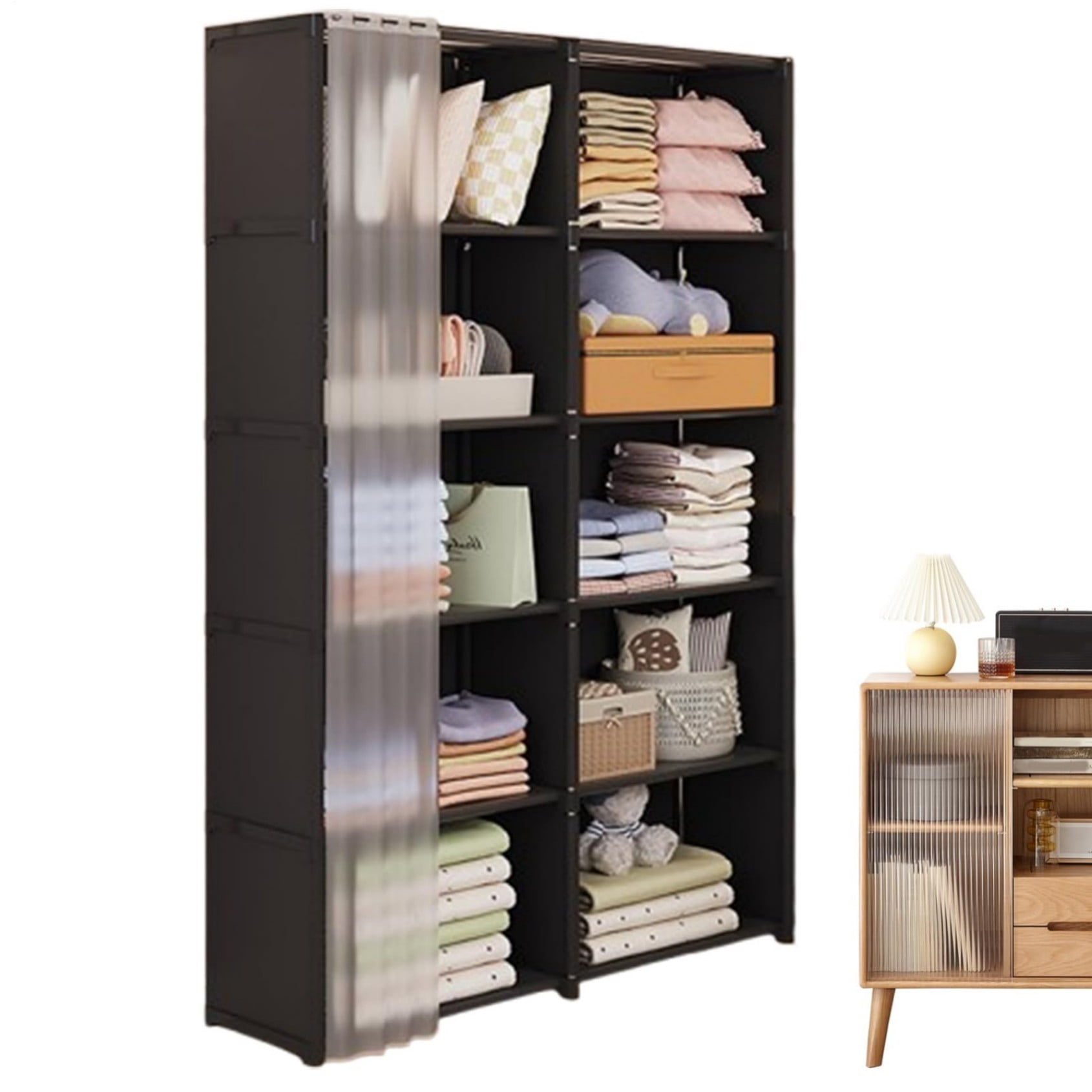 5 Tier Freestanding Bookcase with Curtain, 10 Grid Open Bookshelf Storage Organizer, Tall Display Shelf for Bedroom Living Room Office, Black