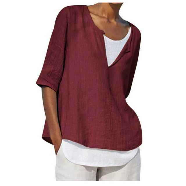 aidice Plus Size Womens T Shirts Cotton Linen Loose Scoop Neck 3/4 Sleeve Lightweight Color Block Shirts