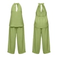 thumbnail image 5 of 2 Piece Linen Outfits for Women Dressy Casual Vacation Halter V Neck Sleeveless Top and Wide Leg Pant Sets (L, Green), 5 of 8