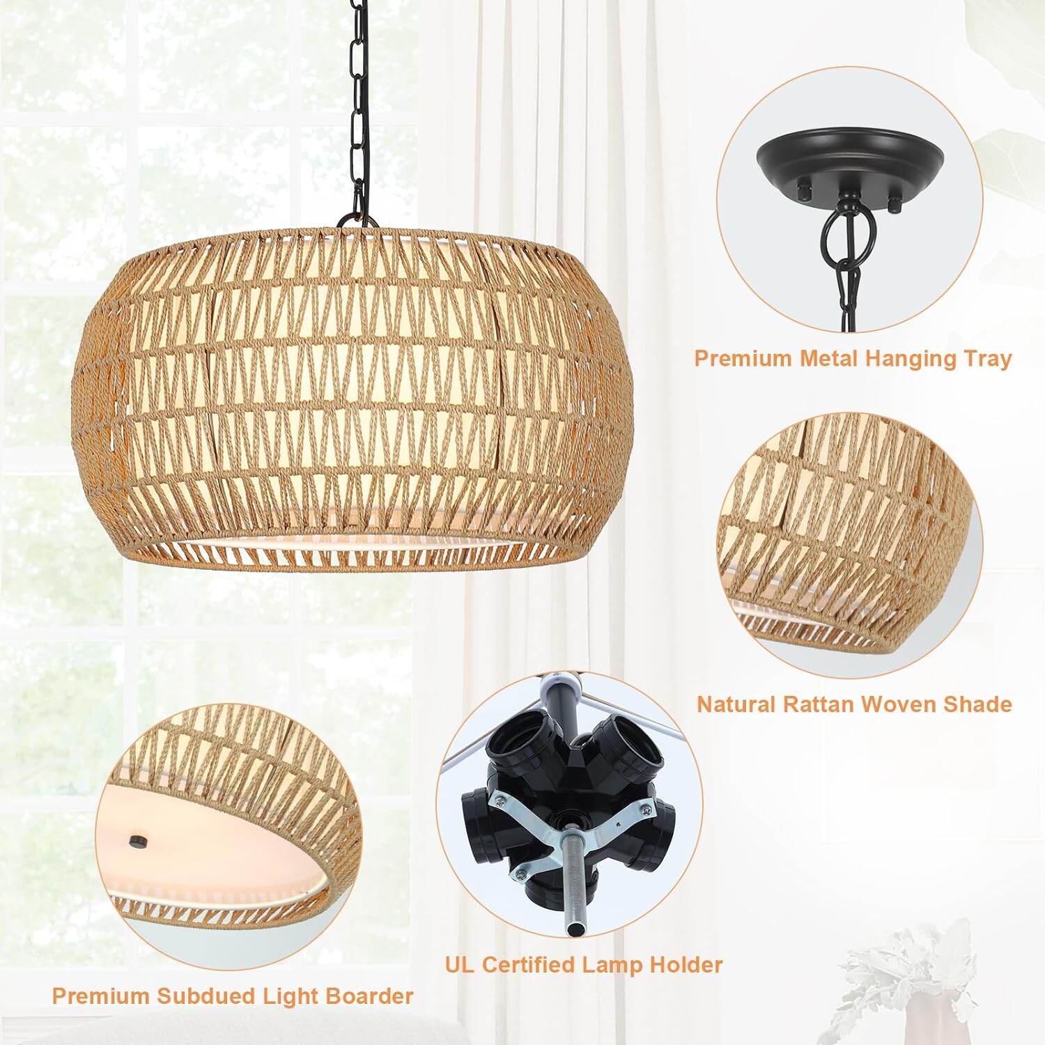 18.9" Rattan Farmhouse Chandelier - 5-Light Boho Pendant Light with Adjustable Height (18.9"W x 9.8"H)