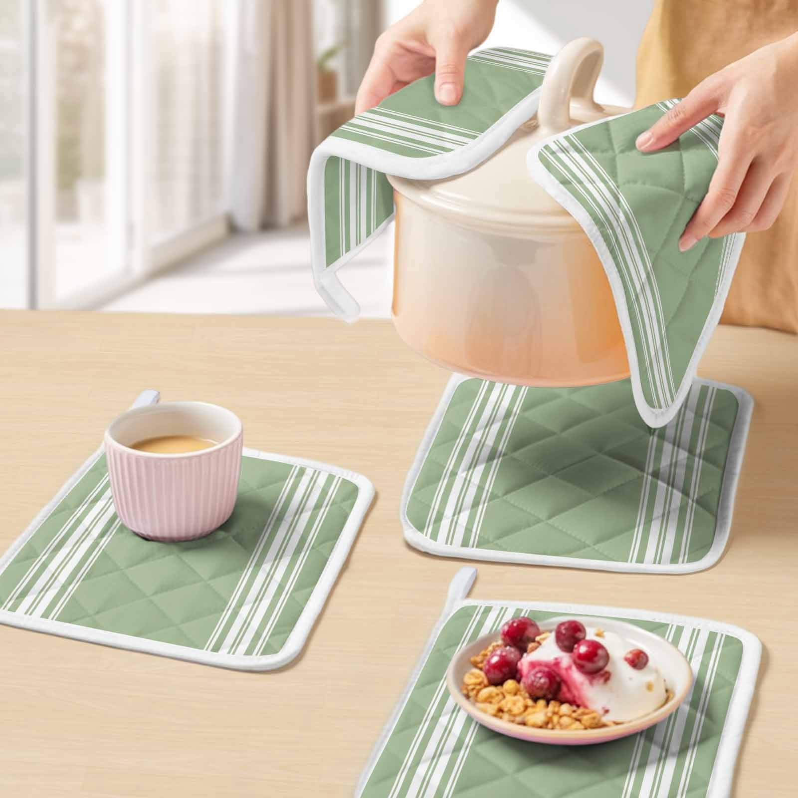 Sage Green Pot Holders for Kitchen Heatproof Potholder, 4 Pack Farmhouse Sage Green White Striped Hot Pads Multipurpose Oven Pads Cloth Potholders Trivet for Cooking and Baking