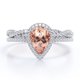 thumbnail image 1 of JeenMata Anillo de Bodas con Halo Pavé Morganita y Moissanita en Forma de Lágrima de 1,5 ct Melocotón: Conjunto de Anillo de Bodas con Cuerpo Retorcido Infinito: Baño de Oro Blanco de 18 K sobre Plata, 1 of 6