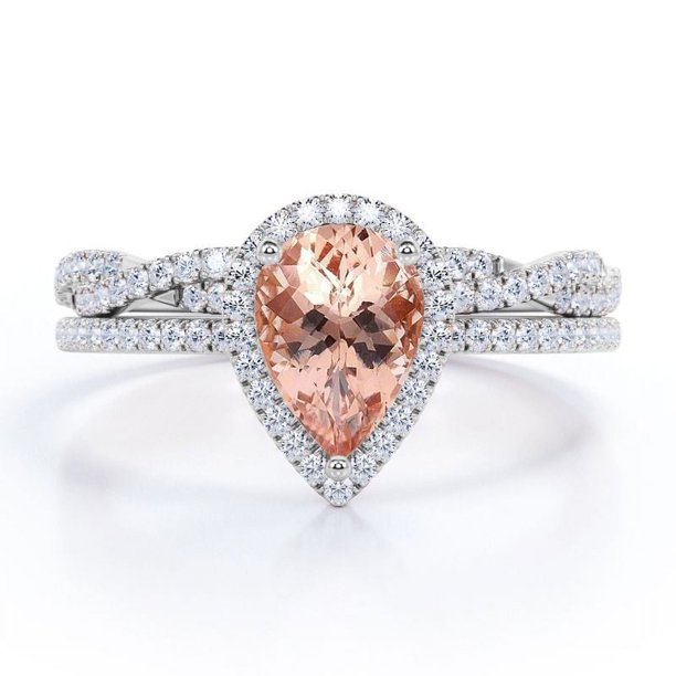 JeenMata Anillo de Bodas con Halo Pavé Morganita y Moissanita en Forma de Lágrima de 1,5 ct Melocotón: Conjunto de Anillo de Bodas con Cuerpo Retorcido Infinito: Baño de Oro Blanco de 18 K sobre Plata