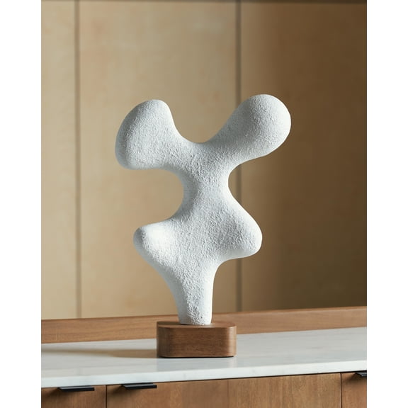 Signature Design by Ashley Lavarsen Small Abstract Sculpture, White Paper Composite Decor with Brown Wood Base