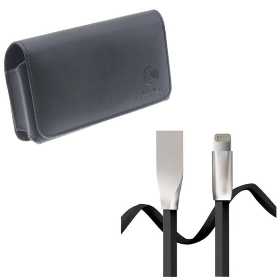 USB Cable w Case Belt Clip for iPhone 8/7/6S/6 - 6ft Flat Charger Cord Power Wire, Leather Swivel Holster Loops Cover for iPhone 8/7/6S/6 Models
