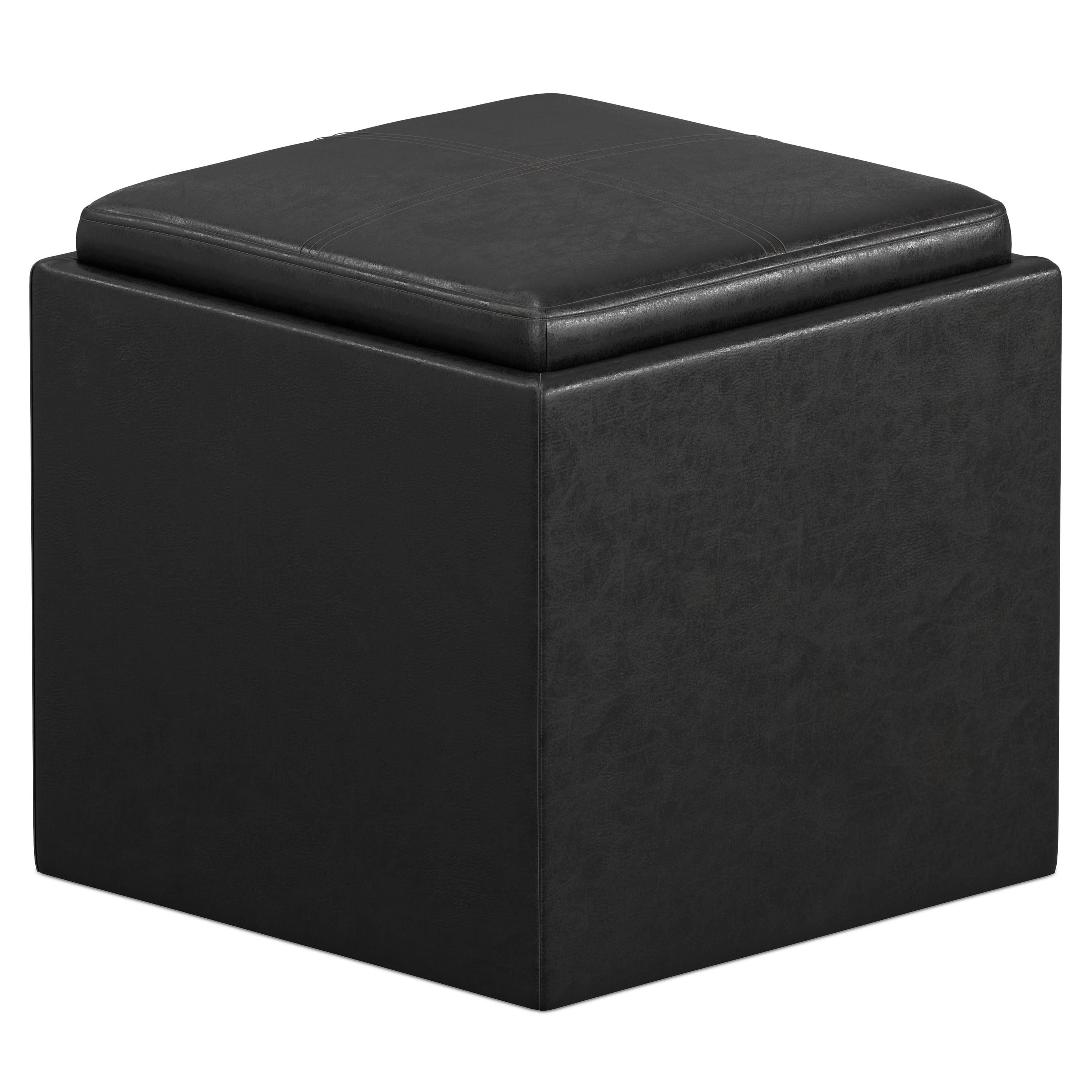 Simpli Home Rockwood 17 inch Wide Contemporary Square Cube Storage Ottoman with Tray in Distressed Black Vegan Faux Leather, Assembled