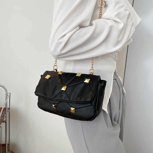 Bolsa Bolso bandolera de piel sintética con tachuelas y solapa Bolso de hombro con cadena sólida para mujer (Negro) Ehuebsd Nuevos Originales