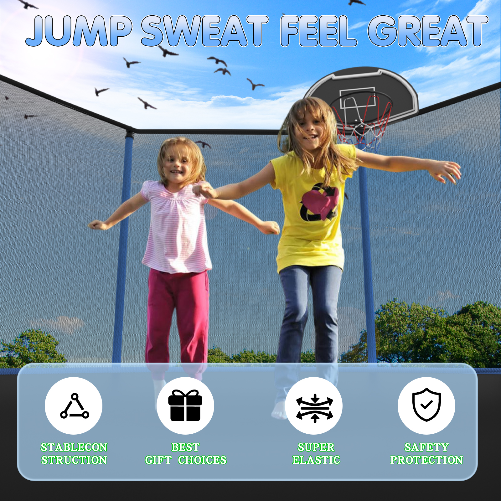 SENCHO GINSYTALIOR Trampoline 8FT 10FT 12FT 14FT 16FT Trampoline with Enclosure - Recreational Trampolines with Ladder and AntiRust Coating, Outdoor Trampoline for Kids