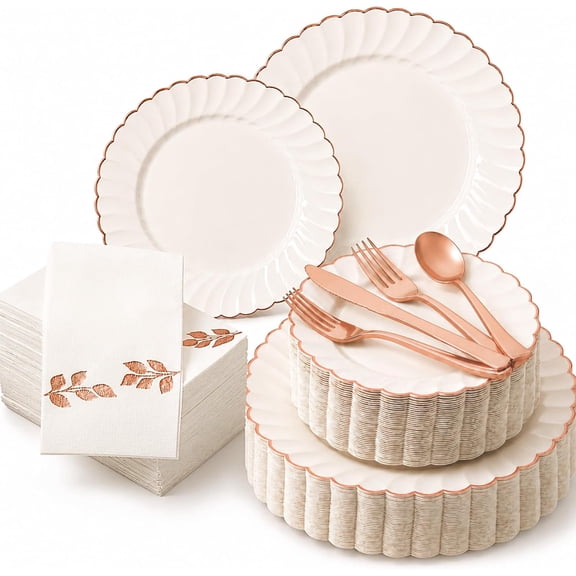 175 Pc Thanksgiving Plastic Plates and Napkins Sets – Plates with Trim | Fall Disposable Dinnerware Set | Host Beautifully (25 Guests)