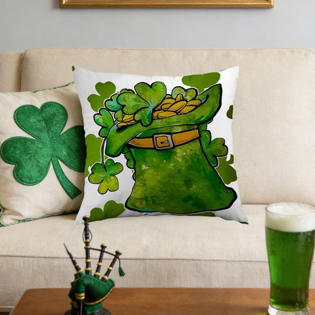 Decoraciones para el Día de San Patricio, Accesorios para el Día de San Patricio, Funda de almohada con sombrero de copa verde y moneda dorada, cojín decorativo para oficina, dormitorio, decoración de
