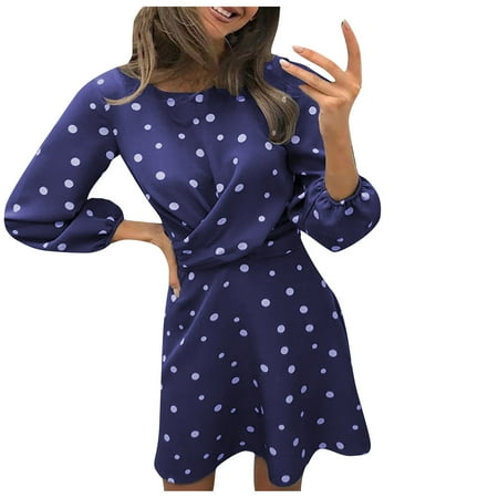 

LWZWM Business Dresses for Women Nightgown Dress Long Sleeve Square Neck Wave Point Print Long Sleeve Dress Night Dress Lounge Dress Holiday Dress Gothic Dress Ethnic Dress