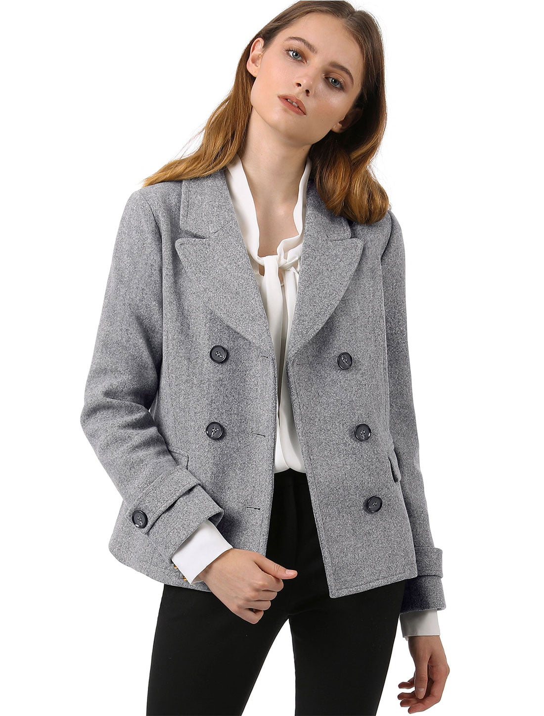 Unique Bargains Women's Double Breasted Pea Coat (Size M / 10) Grey