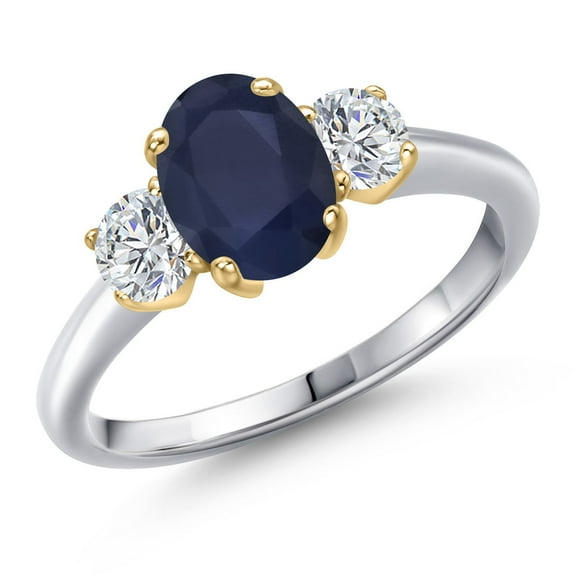 Gem Stone King 925 Silver and 10K Yellow Gold Blue Sapphire and Lab Grown Diamond 3-Stone Engagement Ring for Women | 2.34 Cttw | Oval 8X6MM | Gemstone Birthstone (Size 6)