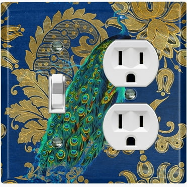 Metal Light Switch Plate Outlet Cover Peacock Blue Silk Damask PEA008